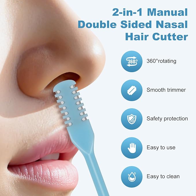5PCS 2-in-1 Nasal Hair Cutter, Upgrade Manual Double Sided Nose Hair Trimmer Cutter for Women and Men 360°Rotating Nose Hair Remover Grooming Tool knife Razor Portable Nostril hair kit (Sky Blue)