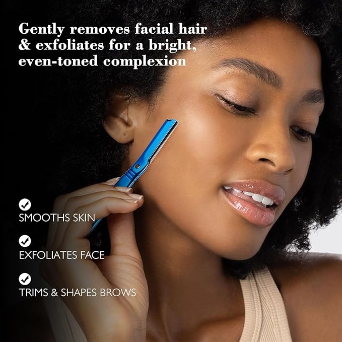 EROWZOLA Eyebrow Razor for Women and Men, Face Razors for Women, Dermaplane Razor with Protective Silicone Cover, Reusable Metal Handle with 6 Refill Blades, Skin Care Tool - Blue