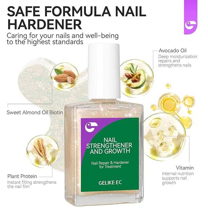 Nail Strengthener and Damaged Nail Repair: Glitter Pink 15ml Natural Protein Nail Hardener Extra Strong and Growth for Damaged Nails-6 in 1 Non-Toxic Nail Ridge Filler for Home DIY Manicure Housewife