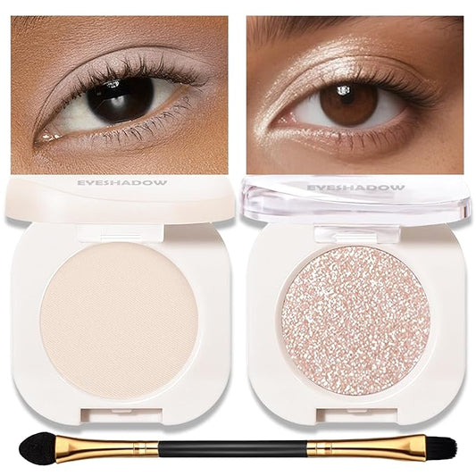 Matte Glitter Eyeshadow Palette 2 PCS, Pear White Eye Shadow Palettes Shimmer Nude Eyeshadow for Older Women, Smooth Powder Lightweight Blendable High Pigment Compact Daily Eyes Makeup, Set E