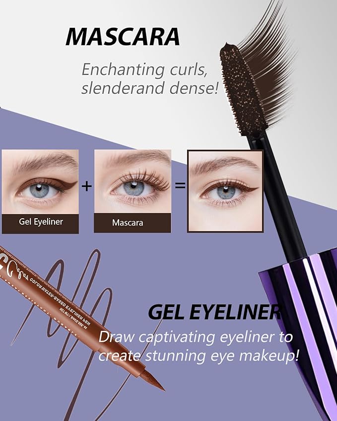 Waterproof Brown Mascara&Liquid Eyeliner Pen Set,Volumizing Colored 5D Fiber Mascara for Eyelash Volume and Length Máscara,Longlasting Smudgeproof Matte Color Eye Liner Pencil Women Party Stage Use