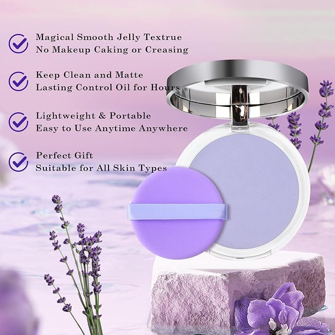 Lavend Jelly Pressed Setting Powder，Face Matte Setting Powder, Oil Control Face Pressed Matte Powder， with Mini Powder Puff ，Cruelty Free
