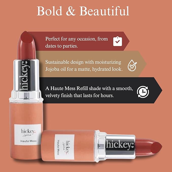 Hickey Lipstick Organic Haute Mess Terracotta & Big Trouble Berry Wine Lipstick Refill - Long Lasting Lipstick for Women, Hydrating & Moisturizing, Highly Pigmented, Gluten-Free & Vegan Lip Color