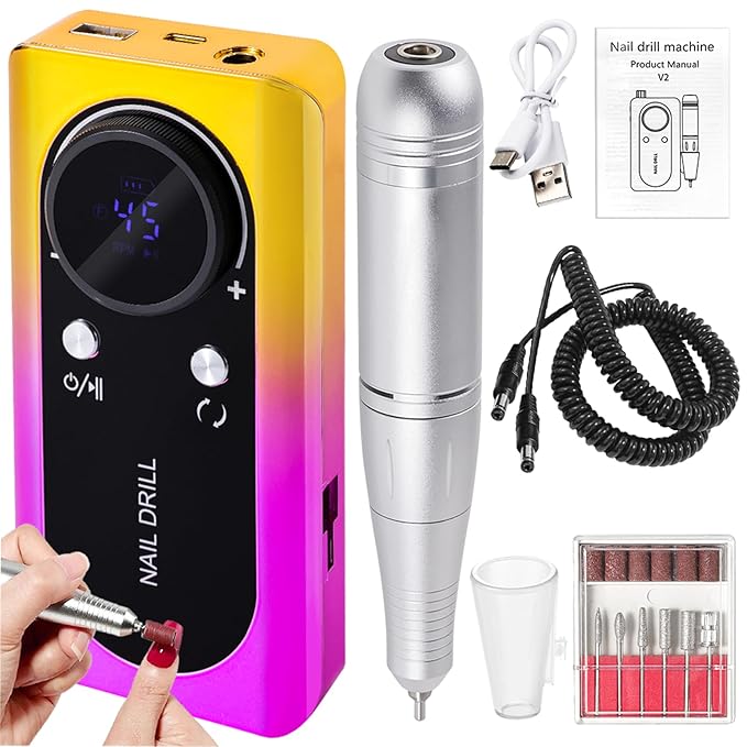 ANRLO Professional Electric Nail Drill, 45000 RPM Cordless Rechargeable E-File Machine, with 12 Bits, Sanding Bands, LCD Display for Acrylic Gel Nails (DMJ-V2-Gold-USB)