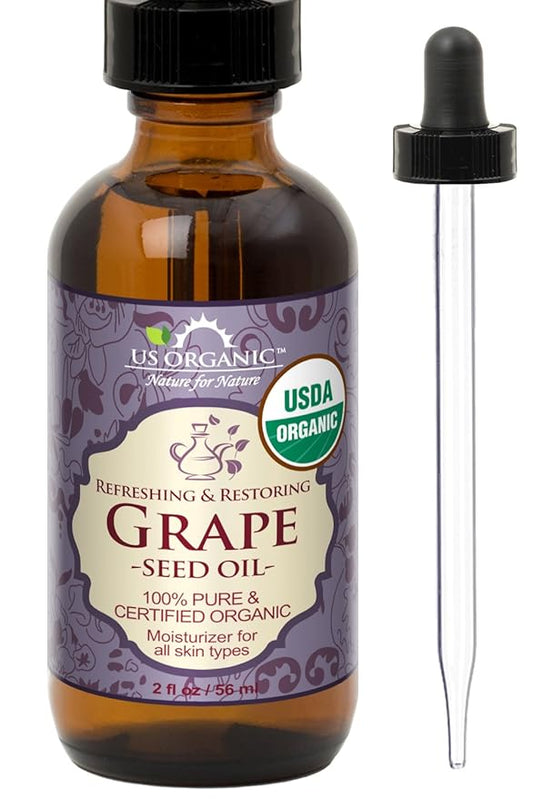 US Organic Grape Seed Oil, USDA Certified Organic, 100% Pure & Natural, Cold Pressed Virgin, Unrefined, in Amber Glass Bottle w/Glass Eyedropper for Easy Application (2 oz (56 ml))