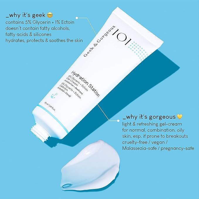 Geek & Gorgeous – Hydration Station – Lightweight Refreshing Gel Cream with Glycerin & Ectoin – For Healthy, Plump-Looking Skin – Suitable for All Skin Types – 1.69 oz