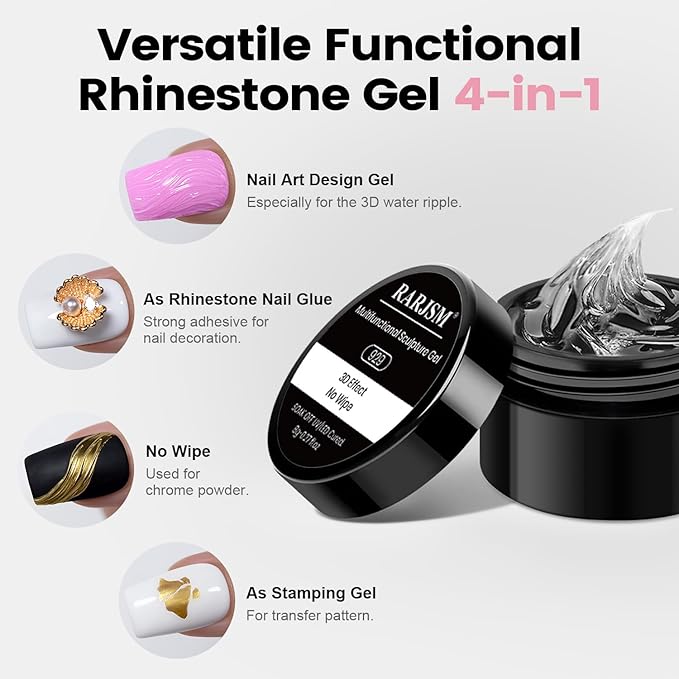 RARJSM Clear 3D Sculpture Painting Gel for Water Ripple Nail Art Designs No Wipe Chrome Nail Powder Nail Charms Rhinestone Decoration Adhesive Glue Drawing Sculpting Thick Gel UV LED Curing Requires