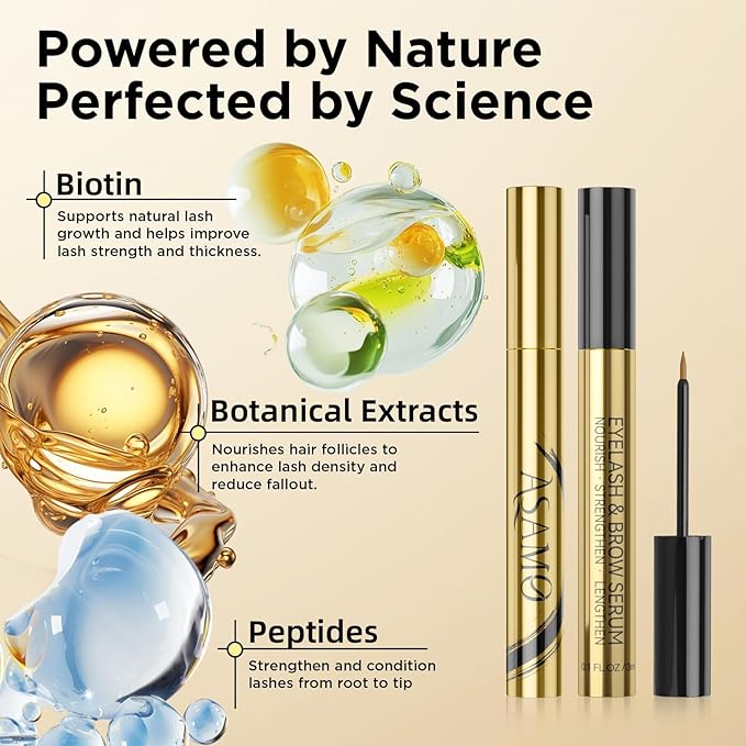 ASAMO Eyelash & Eyebrow Growth Serum - 2-in-1 Lash & Brow Enhancer for Longer, Thicker, Fuller Looking Lashes - Advanced Peptide Formula, Vegan & Cruelty-Free, Safe for Sensitive Eyes - 3ml
