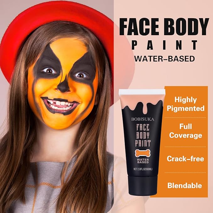 BOBISUKA Orange Face Body Paint, Water Based Face Painting for Art Theater Halloween Party Cosplay Clown SFX Makeup for Women Adults, Non-Toxic Washable