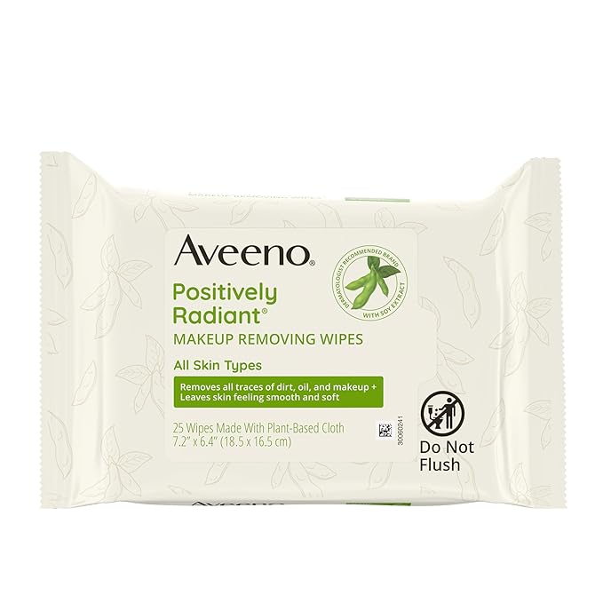 Aveeno Positively Radiant Alcohol Free Makeup Removing Face Wipes, Ultra Soft, Gentle, Non-Comedogenic Facial Cleansing Towelettes Leave Skin Feeling Clean & Soft, Sulfate Free, 25 ct
