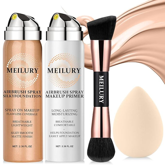 AirBrush Foundation Spray Set, Spray Foundation Makeup and Hydrating Face Air Primer Kit, Longwear Waterproof Liquid Matte Foundation Mist for Flawless Look (01 Natural)