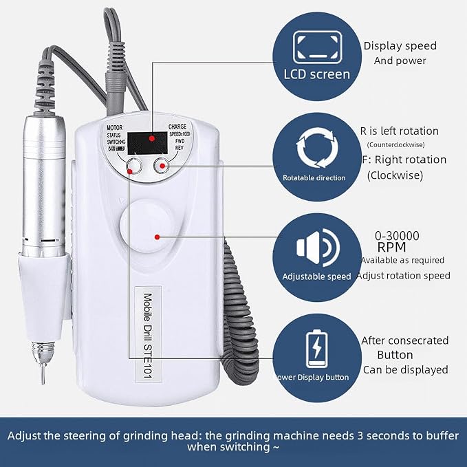 ANRLO Professional Electric Nail Drill, 45000 RPM Cordless Rechargeable E-File Machine, with 12 Bits, Sanding Bands, LCD Display for Acrylic Gel Nails (DMJ-101-White-USB)