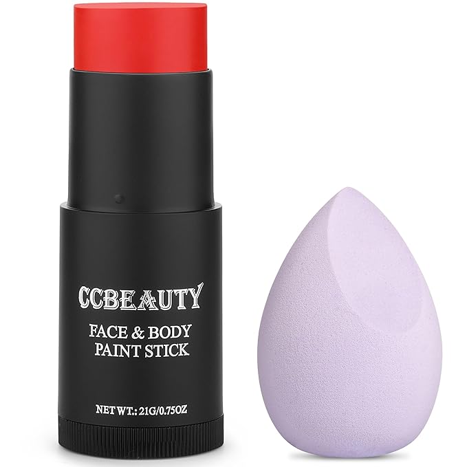 CCbeauty Devil Red Face Paint Stick,Face Painting Kit,Non Toxic SFX Makeup For Clown Spider Halloween Costume Cosplay,Professional Body Paint Stick,Full Coverage Painting Foundation With Makeup Sponge