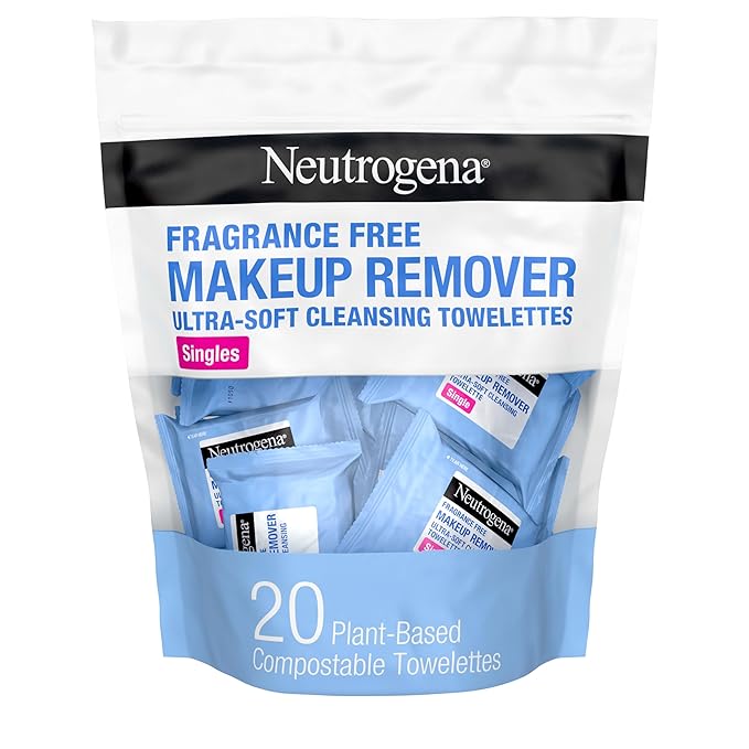 Neutrogena Fragrance-Free Makeup Remover Wipes Singles, Individually Wrapped Face Towelettes, Gently Remove Dirt, Oil, Waterproof Mascara & Makeup, Alcohol-Free Daily Face Wipes for Travel, 20 ct