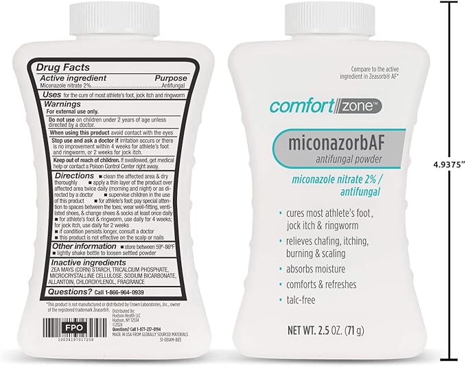 Comfort Zone Miconazorb Antifungal Powder, Talc-Free, Miconazole Nitrate 2%, For Treatment Of Athlete's Foot, Jock Itch And Ringworm, 2.5oz (71g) (3 Pack)