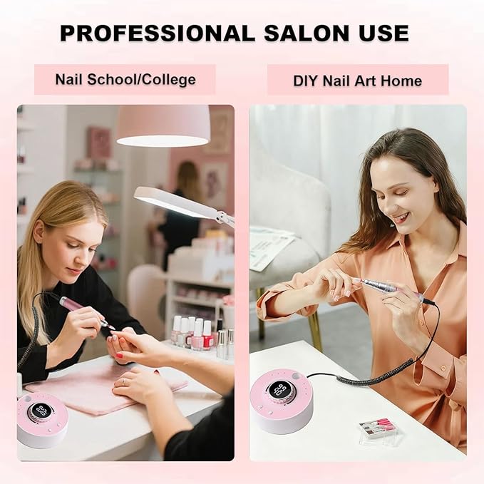 Electric Nail Drill with Brushless Motor, 40000RPM Professional Cordless Nail File for Acrylic & Gel Removal - Rechargeable Manicure & Pedicure Kit with 12 Bits for Home and Salon Use (Pink)