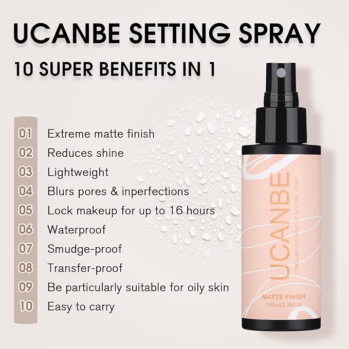 UCANBEMAKEUP Long Lasting Makeup Setting Spray Kit - 3.38 Fl oz Super Matte Finish Setting Mist Lightweight Face Make up Fixer for Oily Skin + 1PC Sponge Puff + 1PC Powder Puff