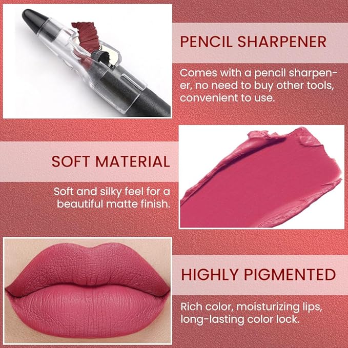 Captivating Red Matte Lip Liner Crayon with Sharpener - Waterproof Smudgeproof Long-Wear Lip Pencil, Creamy Pigmented Lip Crayon for Women, 12HR Stay Silky Velvet Lip Liner 19#