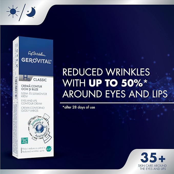 GEROVITAL CLASSIC Anti-wrinkle around Eyes and Lips Lifting Cream with Hyaluronic Acid, Vitamin E and Juvinity™ for Dark Circles, Fine Lines & Wrinkles, 15 ml