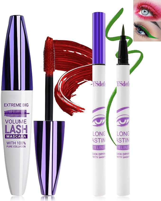 Red Mascara Green Eyeliner Set,5D Waterproof Fiber Colored Mascara Volume and Length,Longlasting Smudgeproof Color Eye Liner Pen,Cosplay Party Stage Use, Christmas Makeup Gift Kit for Women Girl