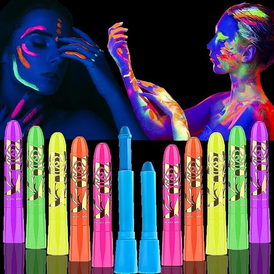 12 Pcs Face Painting Kits for Kids, Glow In The Dark Under UV Black Light Sticks，Face Body Paint Glow Party Supplies，for Birthday, Halloween, Thanksgiving Day, Cosplay Makeup, Gifts for Kids Adult