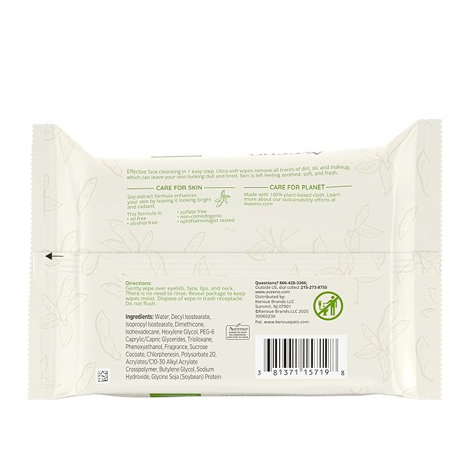 Aveeno Positively Radiant Alcohol Free Makeup Removing Face Wipes, Ultra Soft, Gentle, Non-Comedogenic Facial Cleansing Towelettes Leave Skin Feeling Clean & Soft, Sulfate Free, 25 ct