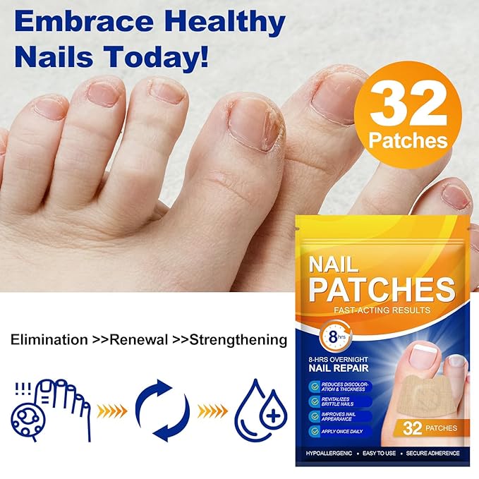 Toenail Treatment Extra Strength, 64 Pcs Nail Patches 8-Hour Overnight Nail Fast Acting Repair for Damaged, Resolve Thick, Discolored Nails, Foot Nails Repair & Care, Maintain Nail Balance