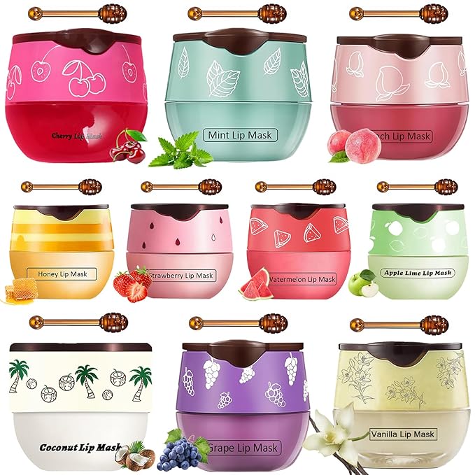 10 PCS Bee Lip Balm Honey Pot, Honey Coconut Cherry Peach Mint Grape Vanilla Strawberry Watermelon Apple, Lip Balm Bulk with Stick, Hydrating Lip Mask Overnight, Exfoliating Crack Scrubs
