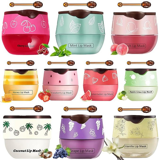 10 PCS Bee Lip Balm Honey Pot, Honey Coconut Cherry Peach Mint Grape Vanilla Strawberry Watermelon Apple, Lip Balm Bulk with Stick, Hydrating Lip Mask Overnight, Exfoliating Crack Scrubs