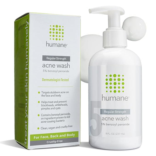 humane Benzoyl Peroxide Face Wash - 5% Regular-Strength Acne Face Wash For Skin, Back & Body - 8 Fl Oz - Dermatologist-Tested Non-Foaming Cleanser - Benzoyl Peroxide Acne Treatment - Cruelty-Free