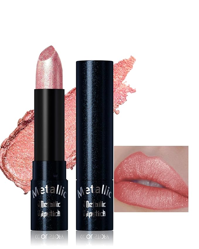 Glitter Peach Pink Metallic Lipstick for Women,Long Lasting Shimmer Sparkling Diamond Lipstick Glitter High Pigmented Lip Gloss Metallic Matte Red Lip Color Stain Waterproof,Non Stick Lips Makeup-02