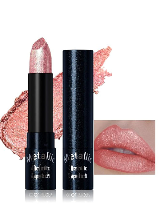 Glitter Peach Pink Metallic Lipstick for Women,Long Lasting Shimmer Sparkling Diamond Lipstick Glitter High Pigmented Lip Gloss Metallic Matte Red Lip Color Stain Waterproof,Non Stick Lips Makeup-02