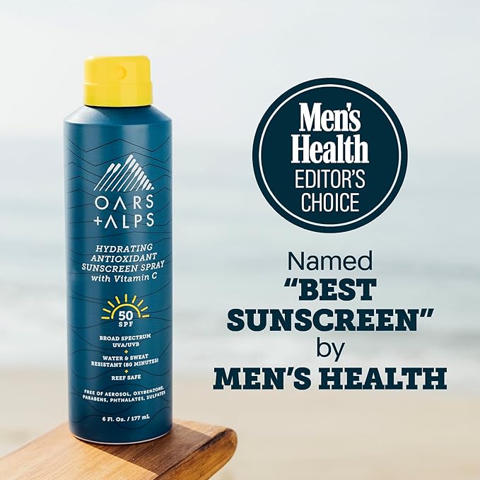 Oars + Alps Sunscreen Spray for Face & Body Spray Sunscreen Infused with Vitamin C & Antioxidants, No White Residue, Water & Sweat Resistant, All Skin Types, Lightweight, Hydrating, SPF 50, 6 Oz, 1pk