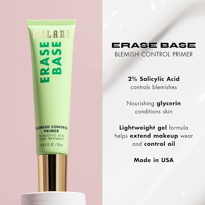 Milani Face Primer for Makeup - Erase Base Blemish Control Primer with 2% Salictlic Acid to help Control Blemishes, 1.0 Fl. Oz