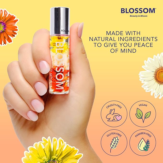 Blossom Roll on Lip Gloss, Gourmand Scented Clear High Shine Moisturizing Lip Oil, Non Sticky, Infused with Real Flowers, Made in USA, 0.2oz, Glazed Donut