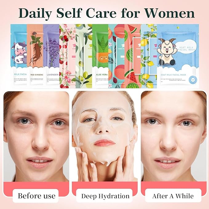 GUOYAOLIFU 10 Sheets Face Masks Skincare, Hydrating Face Masks Suitable for Sensitive Skin, Sheet Masks for All Skin Types, Bulk Facial Masks for Women Skincare, Face Mask for Spa