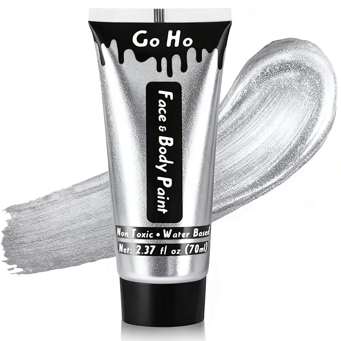 Go Ho Metallic Silver Body Paint Washable(2.37oz/pc),Water Based Cream Silver Face Body Paint,Full Professional Face Paint for Halloween Costumes Festivals Cosplay SFX Makeup