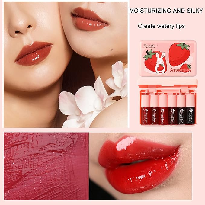 6 Colors Lip Tint Stain Set, Mini Liquid Lipstick, Lip Gloss for Women, Moisturizing Natural Korean Lip Tint Set, Lip Stain Long Lasting Waterproof, Non-Stick Cup, High Pigment, Lip Makeup