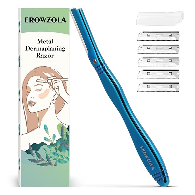 EROWZOLA Eyebrow Razor for Women and Men, Face Razors for Women, Dermaplane Razor with Protective Silicone Cover, Reusable Metal Handle with 6 Refill Blades, Skin Care Tool - Blue