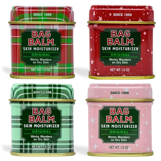 Bag Balm Mini Tin Gift Set – Bundle of 4 Limited Edition Tins (Red Star, Pink Star, Green Plaid, Red Plaid) – Multi-Use Moisturizing Balm for Dry Skin, Lips, Hands and Winter Hydration