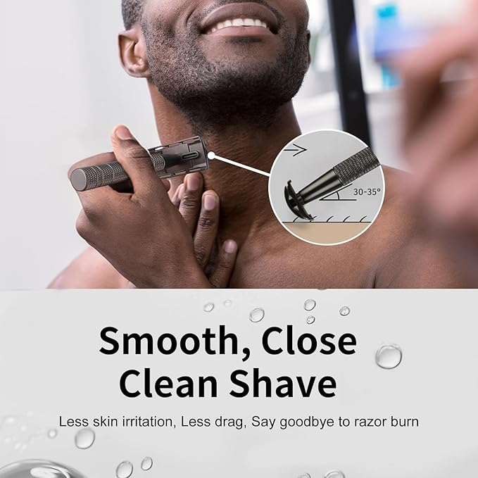 Double Edge Safety Razor with Stand, Single Blade Razors for Men and Women, with 10 Stainless Steel Double Edge Blades, Smooth and Close Shave, Plastic Free, Matte Gun Black