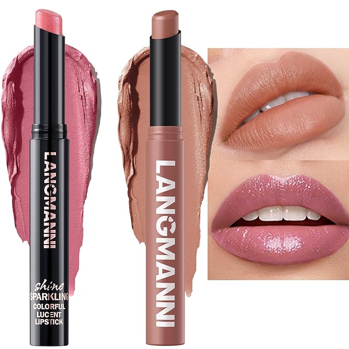 Jolilab 2Pcs Glitter Lip Kit - Velvet Matte & Nude Matte Lipstick + Glitter Lip Gloss/Glitter Lipstick High Pigmented Long-Lasting Waterproof Beauty Cosmetics Gift for Women Girls(#01+02)