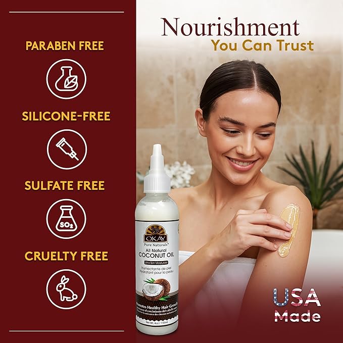 OKAY 100% Pure Coconut Oil for Hair & Skin - Coconut Oil for Women & Men, Perfect for Hair & Body, for Massage & Moisturizer, Natural - 4 fl oz Squeeze Bottle (Pack of 1)