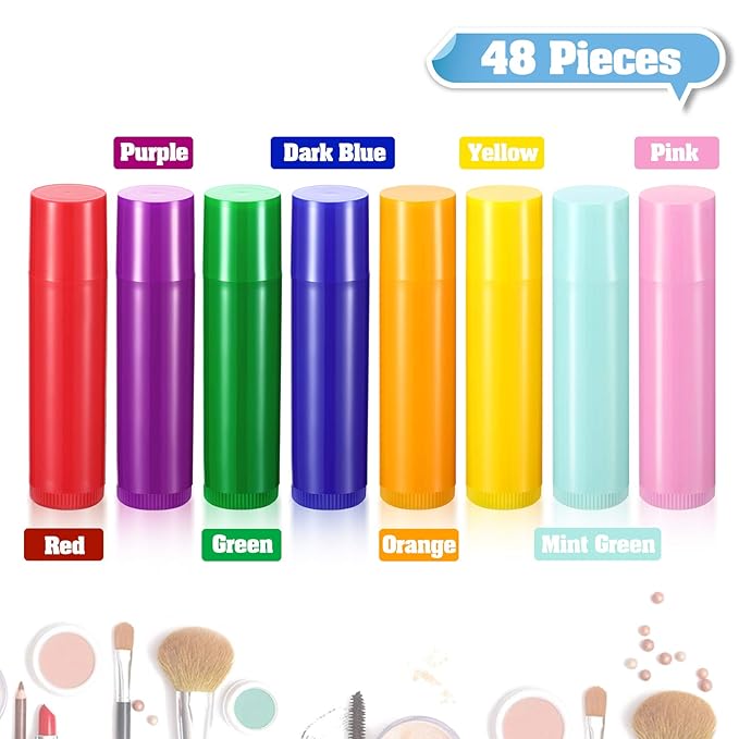 Maitys 48 Pcs 5ml Empty Lip Balm Tubes Bulk Colorful Rotatable Lip Gloss Container Tubes Refillable Gloss Bottles Plastic Empty Balm Containers Lipstick DIY Cosmetic Holder, 8 Colors