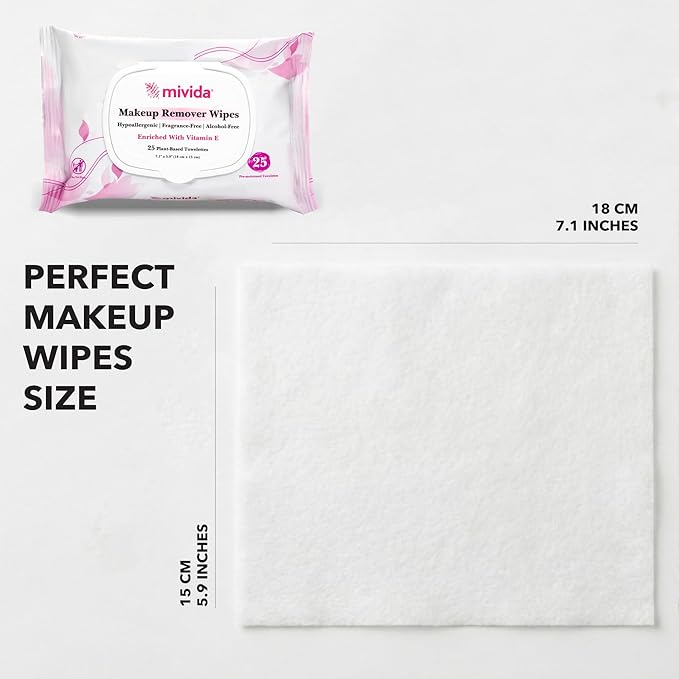 mivida Hypoallergenic Makeup Remover Wipes Bulk with Vitamin E, 500 count (20×25) Value box, Alcohol Free, Fragrance Free Makeup Wipes for Sensitive Skin, Travel Size Plant Based Facial Towelettes