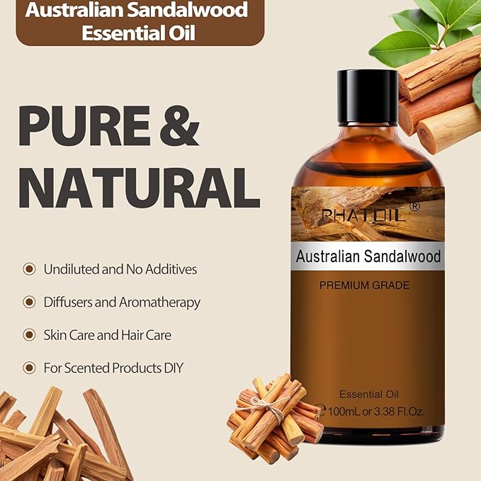 PHATOIL Australian Sandalwood Essential Oil, Pure Premium Natural Oil for Hair Care, Body Skin Care, Aromatherapy, DIY Candle, Soap Making 3.38Fl Oz