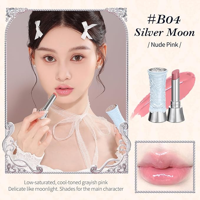 Flower Knows Swan Ballet Shine Lipstick,Hydrating Solid Lip Gloss,Moisturizing Pink Tinted Lip Balm-Long Lasting Lip Gloss in Balm for Girls&Women(B04 Silver Moon)
