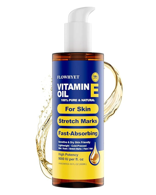 FLOWHYET Pure Vitamin E Oil for Skin 10 fl oz, Organic Lightweight Vitamin E Oil for Scar, Stretch Marks, Fast-Absorbing Body Oil Moisturizing and Firming Skin, Cold Pressed-300ml
