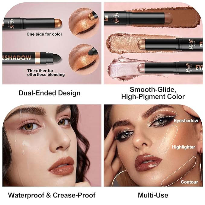 Dual-Ended Cream Eyeshadow Stick, Matte Shimmer Waterproof Long-Lasting Crease-Proof Neutral Eye shadow Pencil for Women, Smooth Blendable Eye Shadow Crayon with Built-in Smudger, 05 Peach Veil
