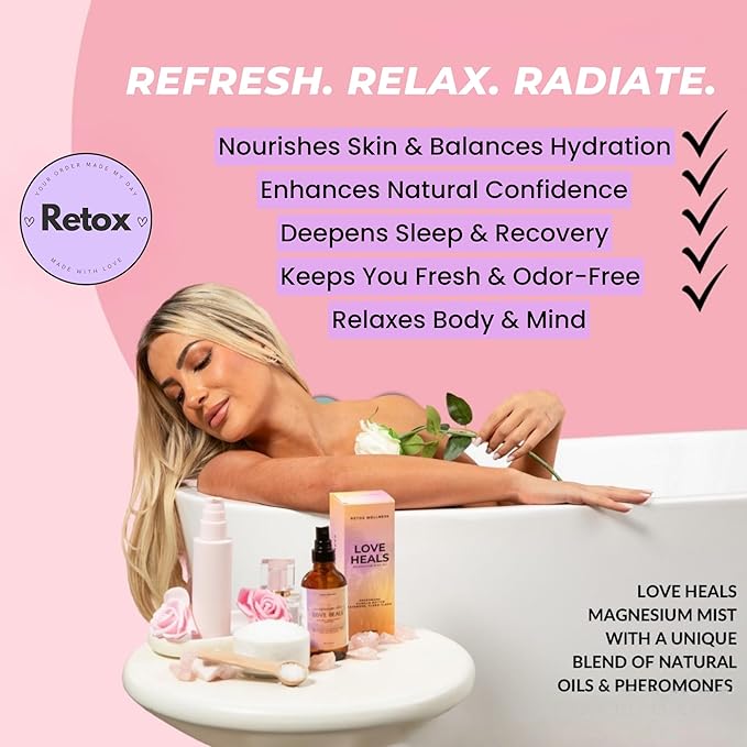 Retox Wellness LOVE HEALS Magnesium Mist| Pure Magnesium Oil Spray with Lavender & Vanilla| Body & Foot Spray Refreshes Tired Skin| Calming Essential Oils for Relaxing & Uplifting Feel, 4oz